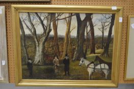 A Victorian rural landscape with figures and horses, oil on canvas.