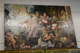 A very large classical style painting with figures, cherubs and animals, oil on canvas, unframed.