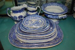 Willow pattern and similar blue and white china.