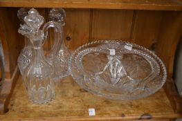 A good large cut glass dish, a claret jug and a pair of decanters.