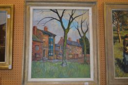 A colourful street scene with buildings and trees, oil on canvas.