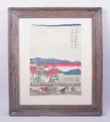 A JAPANESE WOODBLOCK PRINT ON PAPER, depicting a rickshaw and carriage, image 24.5cm x 17.5cm.