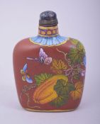 A CHINESE PAINTED YIXING SNUFF BOTTLE AND STOPPER, 7cm high.
