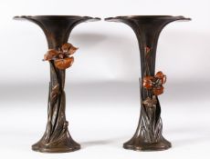 A PAIR OF JAPANESE BRONZE FLUTED VASES, with naturalistically applied metalwork flowers, 37cm high.