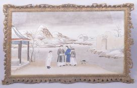 A LARGE CHINESE FRAMED GOUACHE PAINTING, depicting four figures with a dog in a landscape scene,