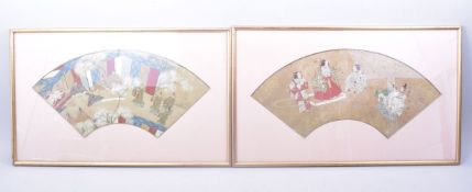 A PAIR OF CHINESE FRAMED FAN SHAPED WATERCOLOUR PAINTINGS, painted with various figures, one with