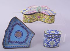 THREE 19TH CENTURY CHINESE CANTON ENAMELLED ITEMS, comprising of a butterfly form box, another small