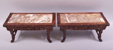 A SUPERB PAIR OF CHINESE CARVED WOOD AND MARBLE INSET RECTANGULAR STANDS, the frieze beautifully