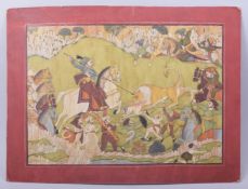 A LARGE INDIAN MINIATURE PAINTING ON PAPER, depicting soldiers fending off a predatory attack,