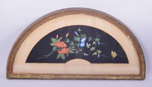 A 19TH CENTURY CHINESE FINELY FRAMED WATERCOLOUR FAN PANEL, painted with native flora and butterfly,