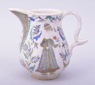 A RARE TURKISH KUTAHYA GLAZED POTTERY JUG, possibly 18th century, the body painted with two