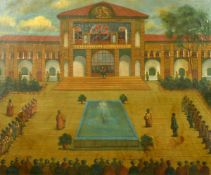 A SCENE OF NASRE AL- DIN SHAH QAJAR ON THE STEPS OF THE PALACE with a gathering of figures in a