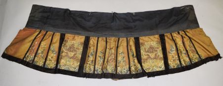A CHINESE FINELY EMBROIDERED SILK SKIRT, the embroidered panels with five claw dragon and phoenix