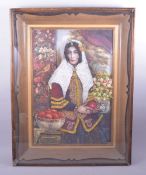 AN UNUSUAL MIXED MEDIA DECOUPAGE PORTRAIT of a female, with raised layers, encased in a deep frame