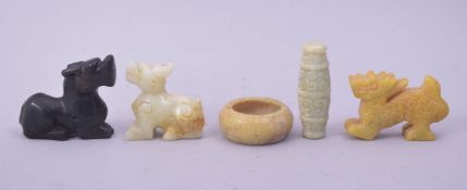 FIVE CHINESE SOAPSTONE CARVINGS.