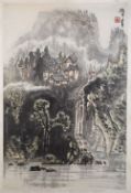 TWO CHINESE HANGING SCROLL PAINTINGS, one with a waterfall setting, the other with a boat scene,