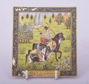 A FINE INDIAN MINATURE PAINTING ON IVORY, depicting figures on horseback in a landscape scene,