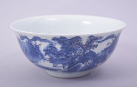 A CHINESE BLUE AND WHITE PORCELAIN BOWL, the exterior painted with a landscape scene, six