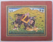 AN INDIAN MUGHAL MINIATURE PAINTING ON PAPER, depicting a hunting scene with an elephant,