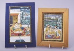 TWO FINE INDIAN MINIATURE PAINTINGS ON IVORY, both depicting couples in outdoor settings and with