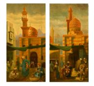 19TH CENTURY SCHOOL, A PAIR OF OIL ON CANVAS SCENES OF BUSY STREETS IN AN ARAB CITY, each 31.5