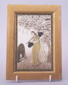 A FINE INDIAN MINATURE PAINTING ON IVORY, depicting a female figure beneath a tree with a peacock,