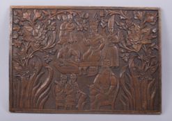 A FINE PERSIAN QAJAR CARVED WOODEN PANEL, depicting kings and flora, 24.5cm x 34.5cm.