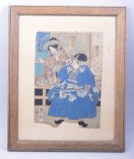 A JAPANESE WOODBLOCK PRINT ON PAPER, depicting a samurai and courtsman, image 28cm x 20cm.