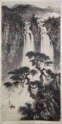 A CHINESE HANGING SCROLL PAINTING, depicting a waterfall scene, with script and red seal marks,