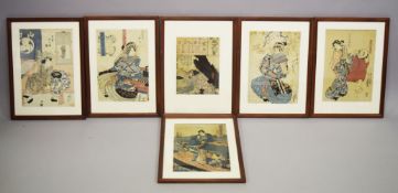 SIX GOOD JAPANESE WOODBLOCK PRINTS ON PAPER, depicting various figures in different settings, each