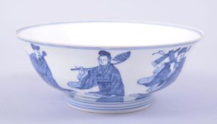 A CHINESE MING STYLE BLUE AND WHITE PORCELAIN BOWL, decorated with various figures, the base with