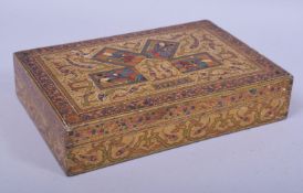 A RARE AND UNUSUAL 19TH CENTURY INDIAN KASHMIRI PAPIER MACHE CARD BOX, with gilded and painted