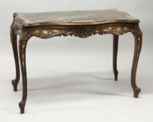A SUPERB CHINESE ROSEWOOD AND MOTHER OF PEARL INLAID CENTRE TABLE, serpentine edges with crossbanded