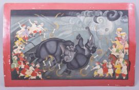 A FINE LARGE INDIAN MINIATURE PAINTING ON PAPER, depicting elephants being taunted by multiple