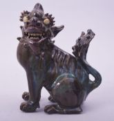 A CHINESE TURQUOISE AND BROWN GLAZED STONEWARE DOG OF FO, 18cm high.