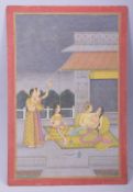 A GOOD INDIAN MINIATURE PAINTING ON PAPER of a courting couple with attendants, unframed, 29.5cm x