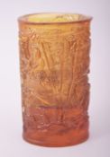 A CHINESE AMBER TINTED CUT GLASS BRUSH POT, 13cm high.