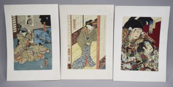 THREE GOOD JAPANESE WOODBLOCK PRINTS, each vividly coloured and depicting figures, unframed (3).
