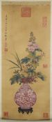 A GOOD CHINESE HANGING SCROLL PAINTING, depicting a vase of flowers on a stand, with calligraphy and