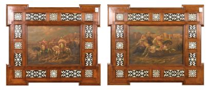 A PAIR OF 20TH CENTURY OIL ON PANEL, SCENES OF EASTERN HORSEMAN brandishing weapons, each 12