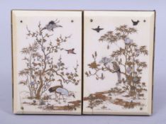 A SUPERB JAPANESE IVORY AND SHIBAYAMA PANELLED HINGED DOOR DOUBLE FRAME, the panels with shibayama