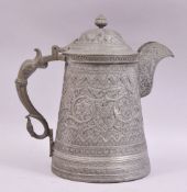 A GOOD INDIAN KASHMIRI TINNED COPPER COFFEE POT, with floral motifs and zoomorphic handle, 26cm