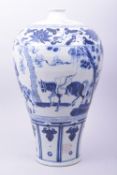 A LARGE CHINESE MING STYLE BLUE AND WHITE MEIPING VASE, the body painted with figures on
