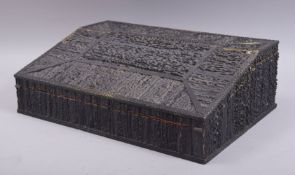 A LARGE INDIAN STAGHORN VENEERED WRITING SLOPE, the interior with sandalwood compartments and ivory,