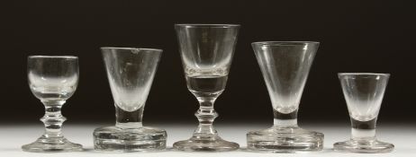 FIVE VARIOUS WINE GLASSES.