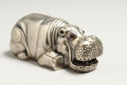 A RUSSIAN SILVER HIPPO 7.5cm long. Marks: I.P. head 88, Eagle Faberge mark