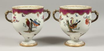 A GOOD PAIR OF TWO HANDLED ICE PAILS with knot handles and painted with birds. Cross swords mark