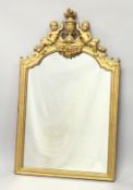 A 19TH CENTURY GILT FRAMED PIER MIRROR, with a shaped top, surmounted with a pair of cherubs holding