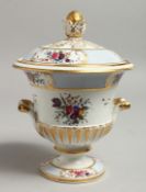 A CHAMBERLAIN'S WORCESTER SAUCE TUREEN AND COVER painted with flowers under a light blue border,