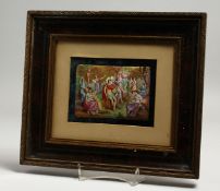 A 19TH CENTURY FRAMED CLASSICAL ENAMEL PLAQUE, Diana with her attendants. 8cm x11cm.